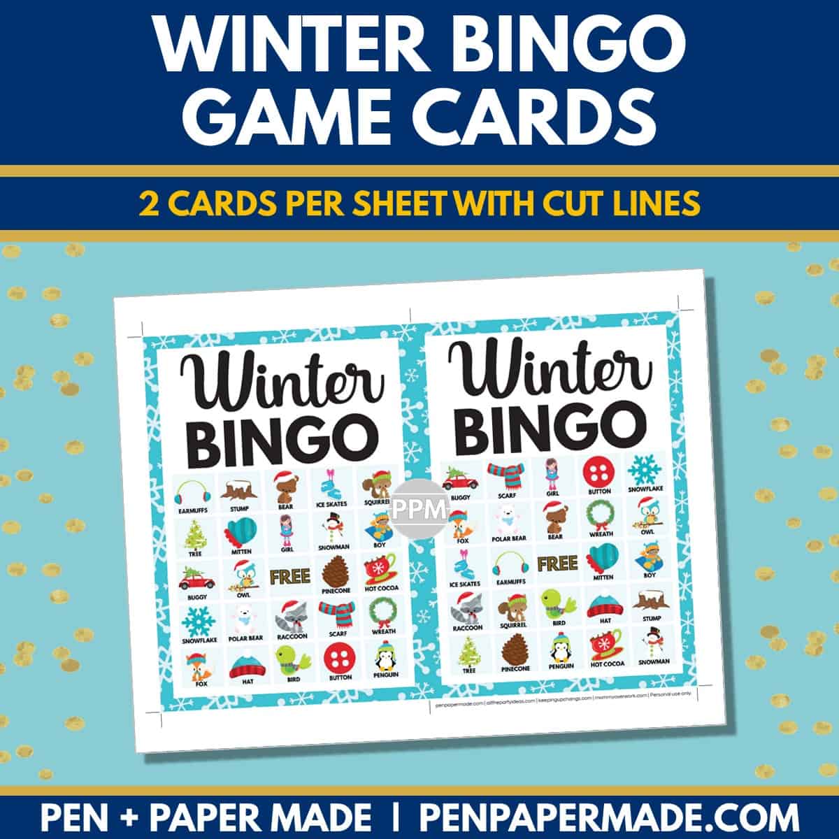 winter bingo card 5x5 5x7 game boards with images and text words.