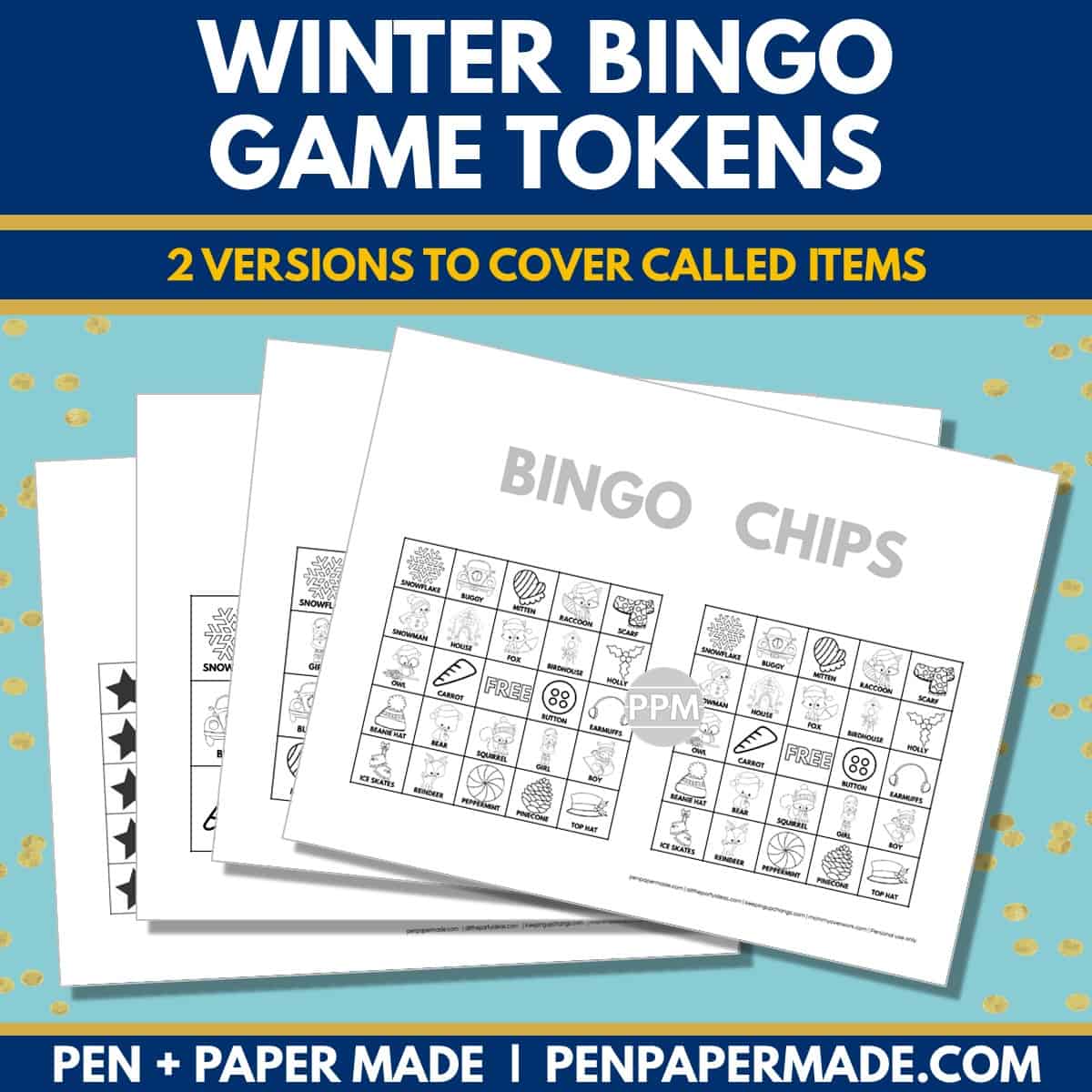winter bingo card 5x5, 4x4, 3x3 game chips, tokens, markers.