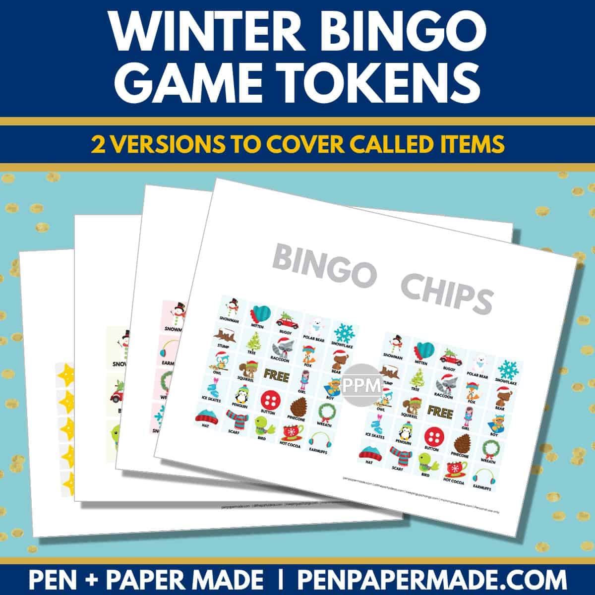 winter bingo card 5x5, 4x4, 3x3 game chips, tokens, markers.